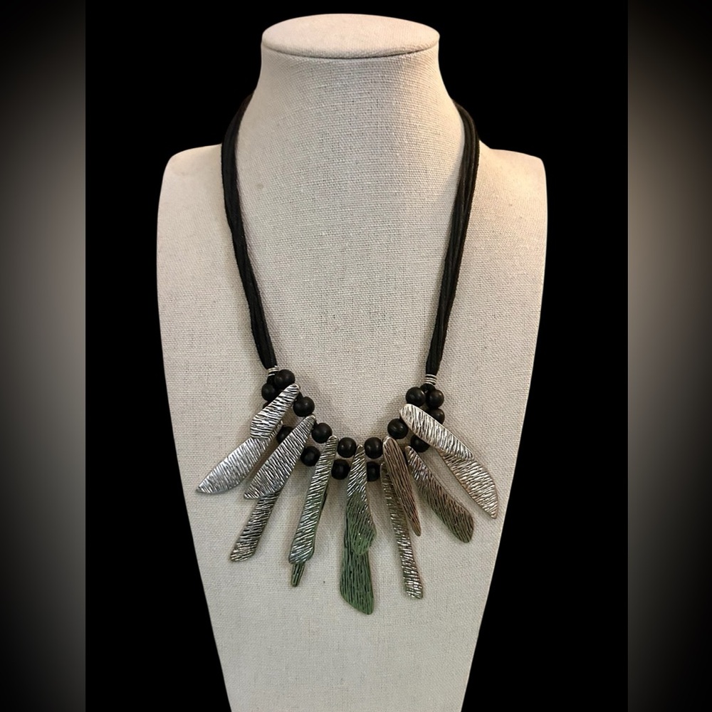 Boho Silver-tone Artisan and Black Beaded Necklace on Multi-cord Strings - Picture 3 of 7